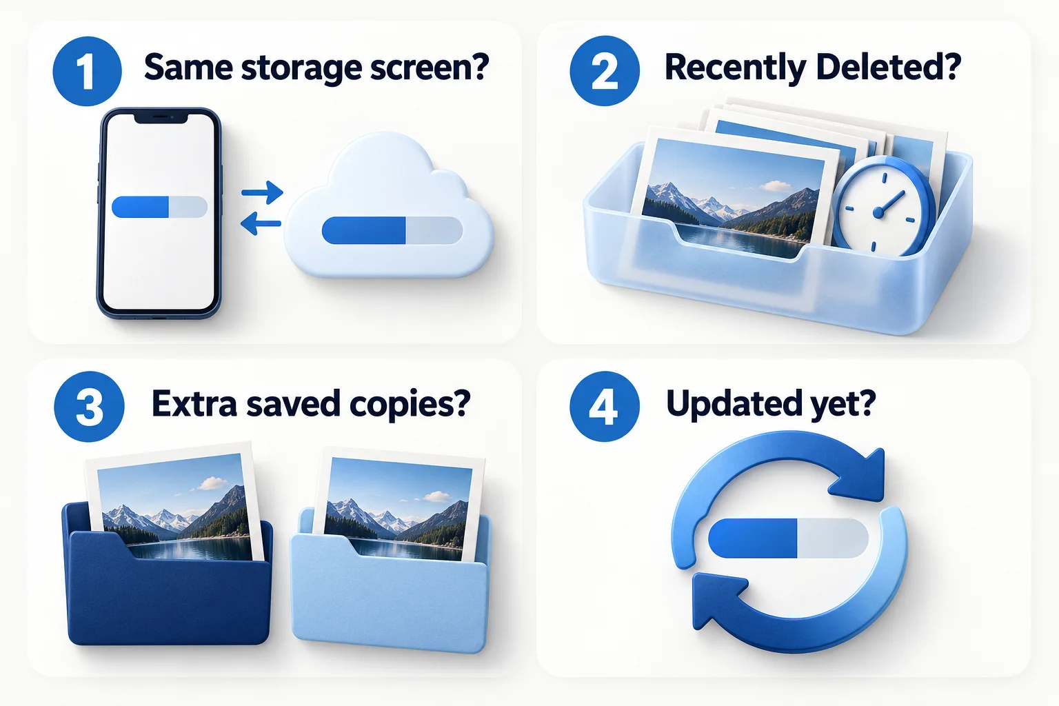 Four illustrated checks: the same storage screen, Recently Deleted, extra saved copies, and whether the storage reading has updated.