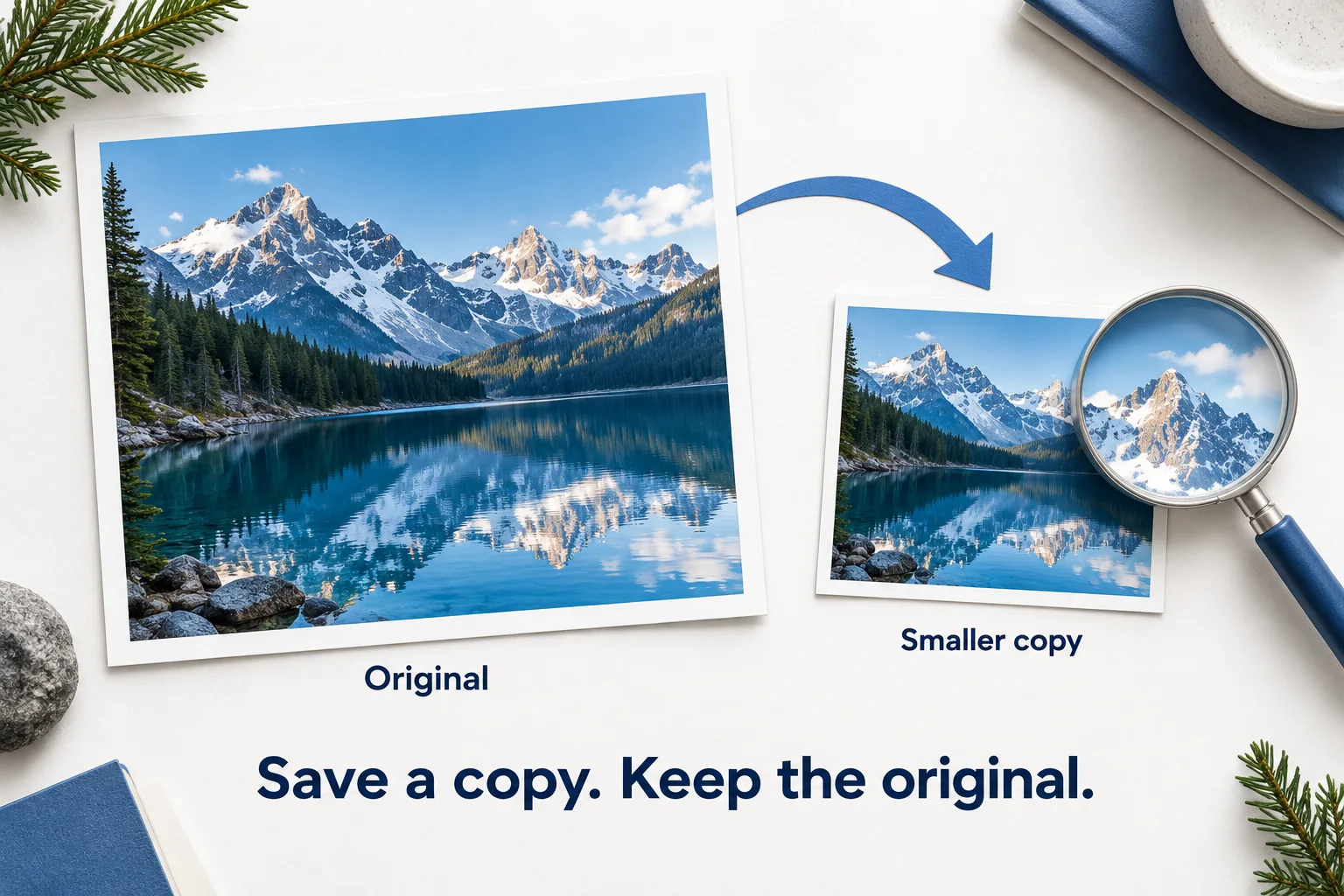 A large mountain-lake photo remains intact while an arrow leads to a smaller copy inspected with a magnifying glass.